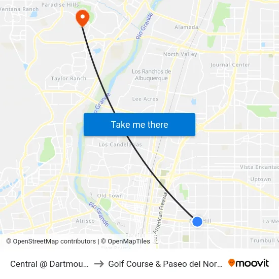 Central @ Dartmouth to Golf Course & Paseo del Norte map