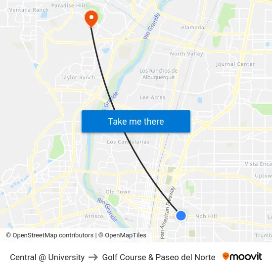 Central @ University to Golf Course & Paseo del Norte map