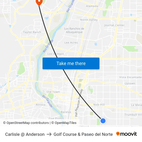 Carlisle @ Anderson to Golf Course & Paseo del Norte map