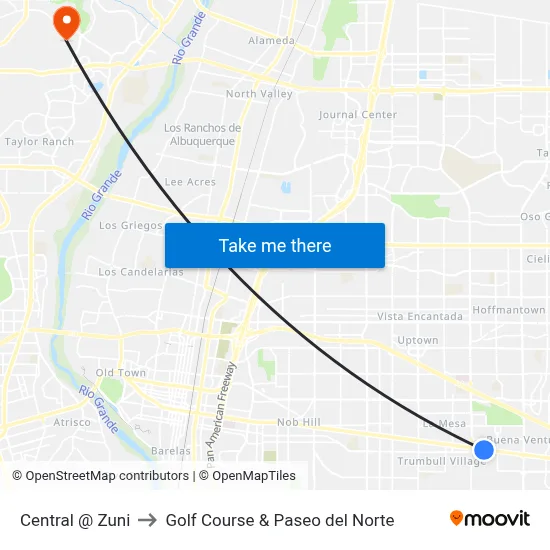 Central @ Zuni to Golf Course & Paseo del Norte map