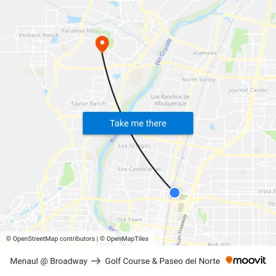 Menaul @ Broadway to Golf Course & Paseo del Norte map