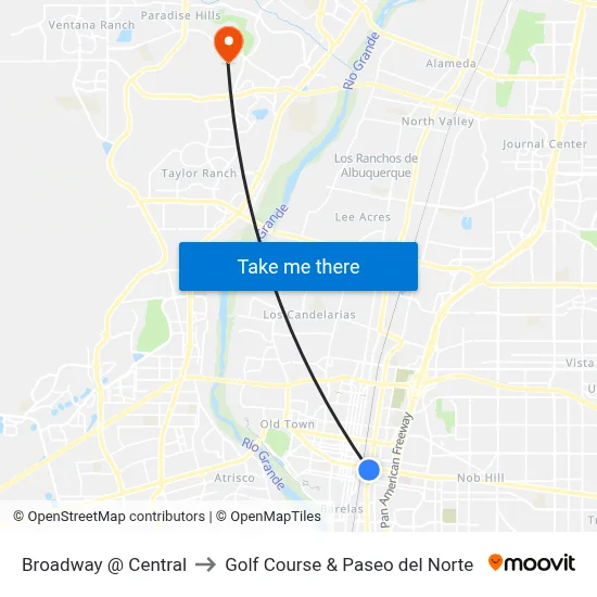 Broadway @ Central to Golf Course & Paseo del Norte map