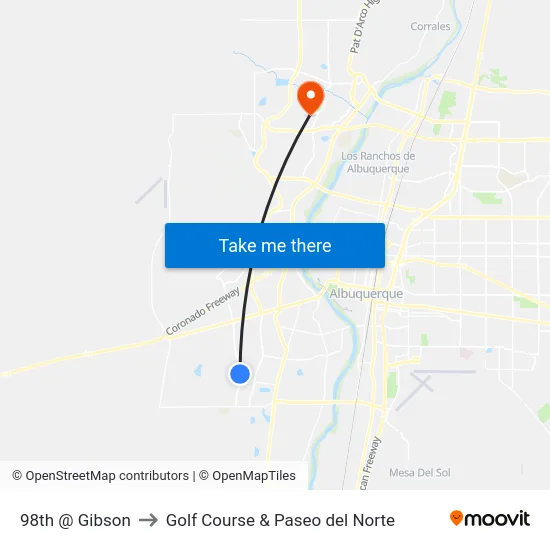 98th @ Gibson to Golf Course & Paseo del Norte map