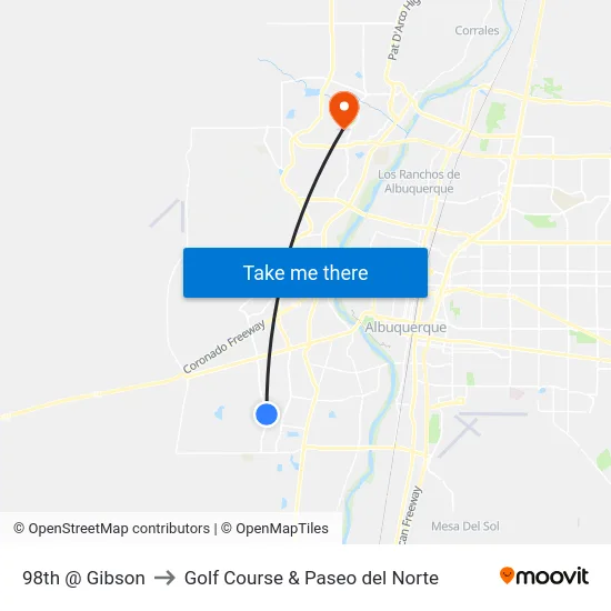 98th @ Gibson to Golf Course & Paseo del Norte map