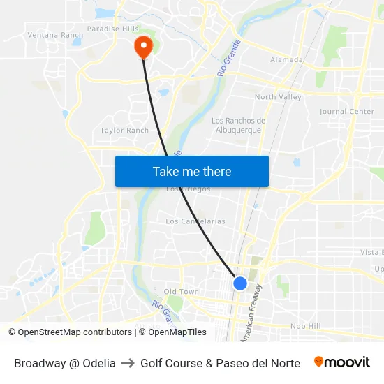 Broadway @ Odelia to Golf Course & Paseo del Norte map