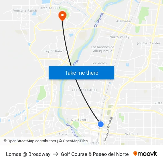 Lomas @ Broadway to Golf Course & Paseo del Norte map