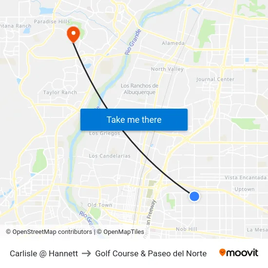 Carlisle @ Hannett to Golf Course & Paseo del Norte map