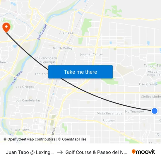 Juan Tabo @ Lexington to Golf Course & Paseo del Norte map