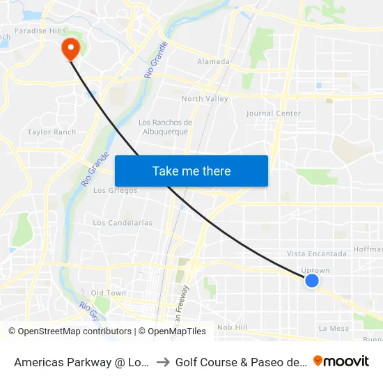 Americas Parkway @ Louisiana to Golf Course & Paseo del Norte map