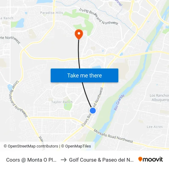 Coors @ Monta O Plaza to Golf Course & Paseo del Norte map