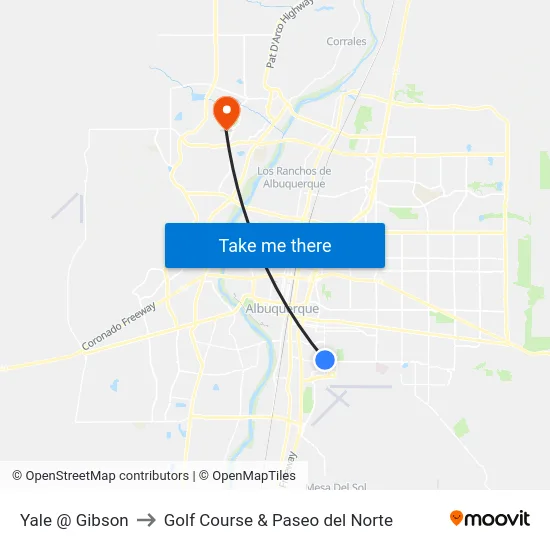 Yale @ Gibson to Golf Course & Paseo del Norte map