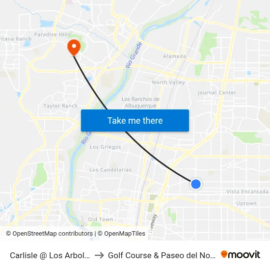 Carlisle @ Los Arboles to Golf Course & Paseo del Norte map