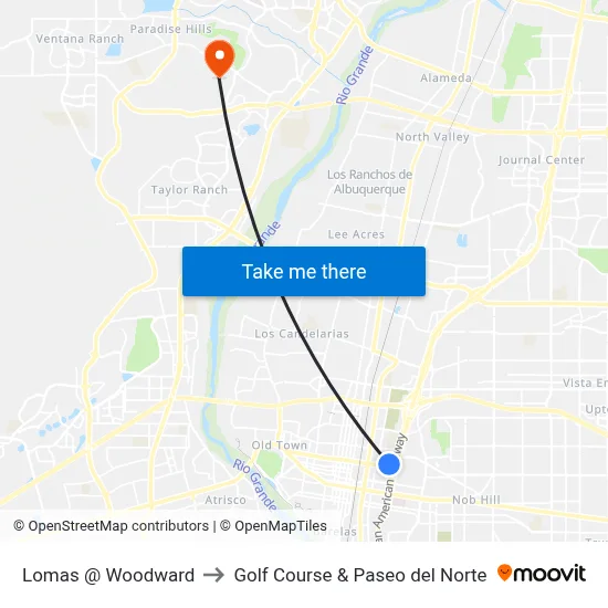 Lomas @ Woodward to Golf Course & Paseo del Norte map