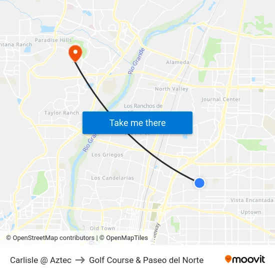 Carlisle @ Aztec to Golf Course & Paseo del Norte map
