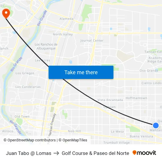 Juan Tabo @ Lomas to Golf Course & Paseo del Norte map
