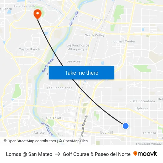 Lomas @ San Mateo to Golf Course & Paseo del Norte map
