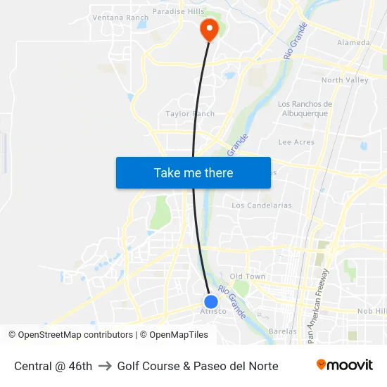 Central @ 46th to Golf Course & Paseo del Norte map