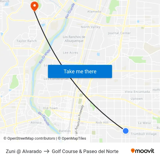 Zuni @ Alvarado to Golf Course & Paseo del Norte map