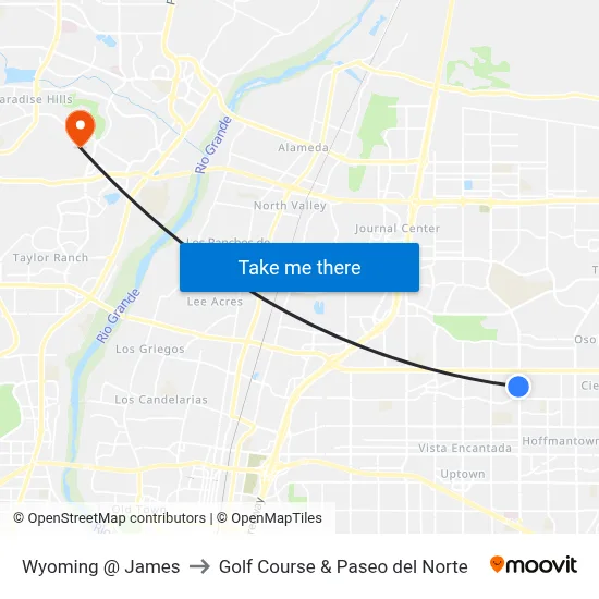 Wyoming @ James to Golf Course & Paseo del Norte map
