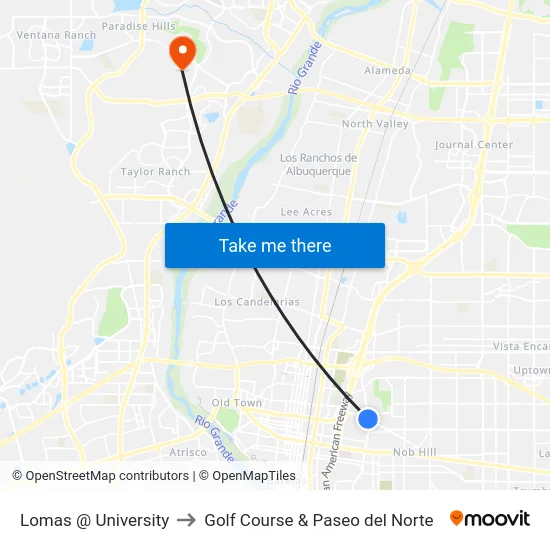 Lomas @ University to Golf Course & Paseo del Norte map