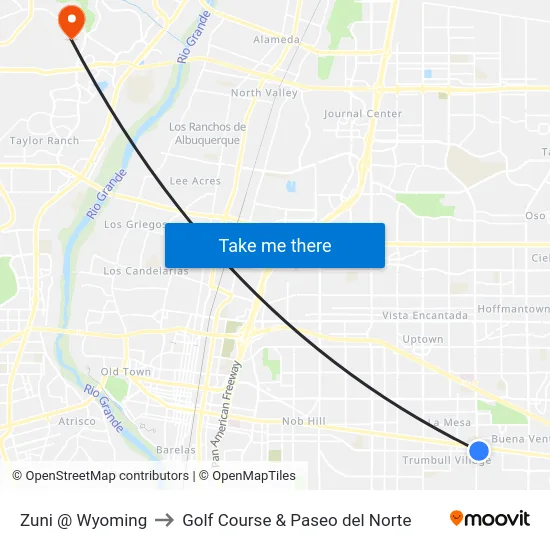 Zuni @ Wyoming to Golf Course & Paseo del Norte map