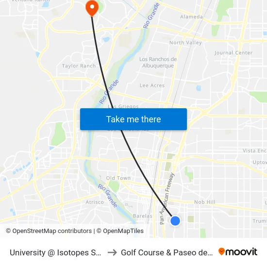 University @ Isotopes Stadium to Golf Course & Paseo del Norte map