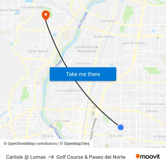 Carlisle @ Lomas to Golf Course & Paseo del Norte map
