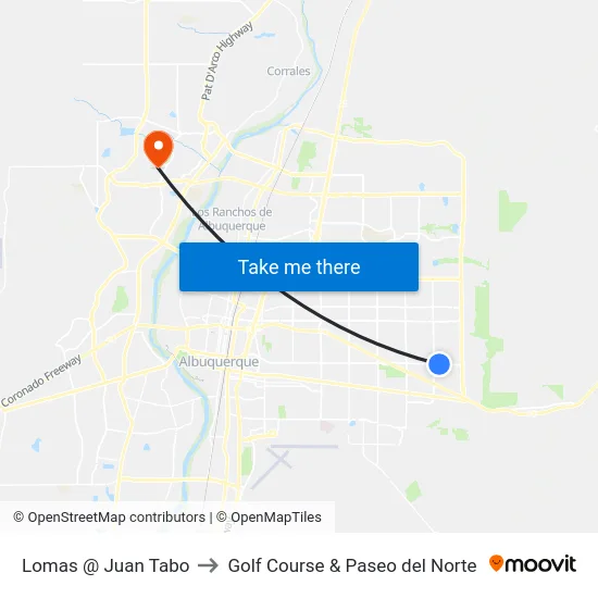 Lomas @ Juan Tabo to Golf Course & Paseo del Norte map