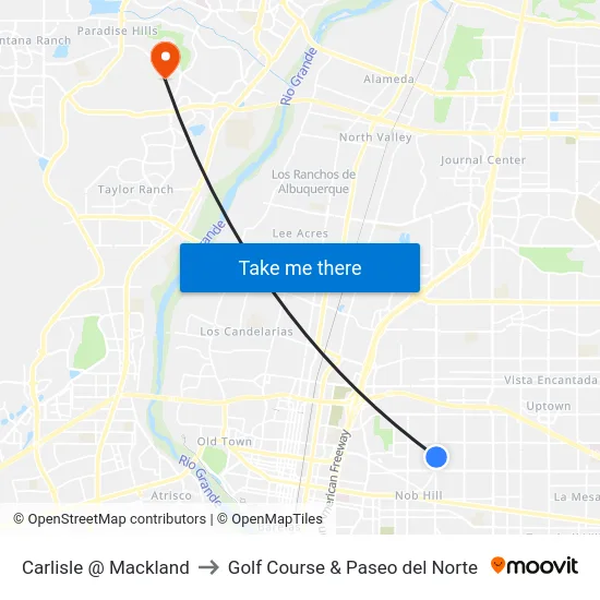 Carlisle @ Mackland to Golf Course & Paseo del Norte map