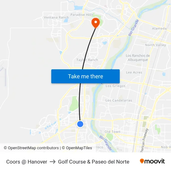 Coors @ Hanover to Golf Course & Paseo del Norte map