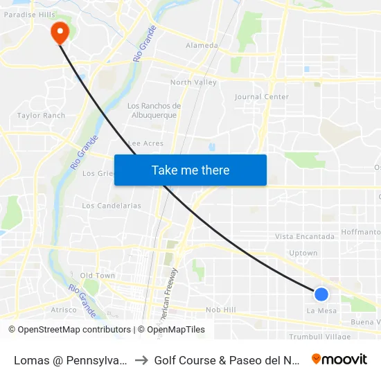 Lomas @ Pennsylvania to Golf Course & Paseo del Norte map