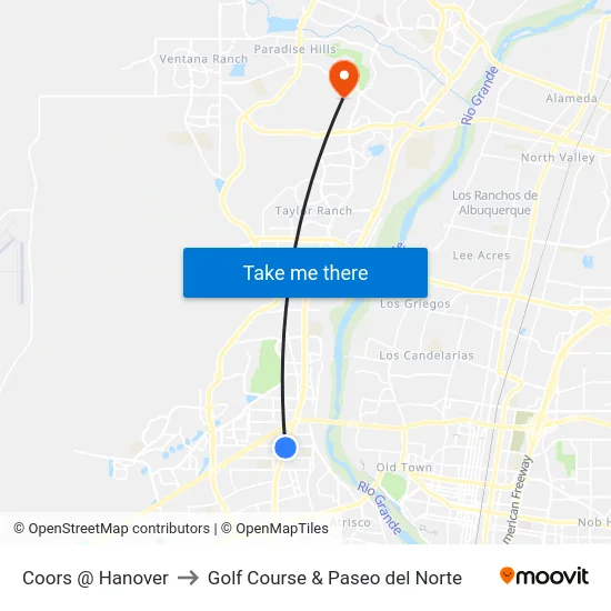 Coors @ Hanover to Golf Course & Paseo del Norte map