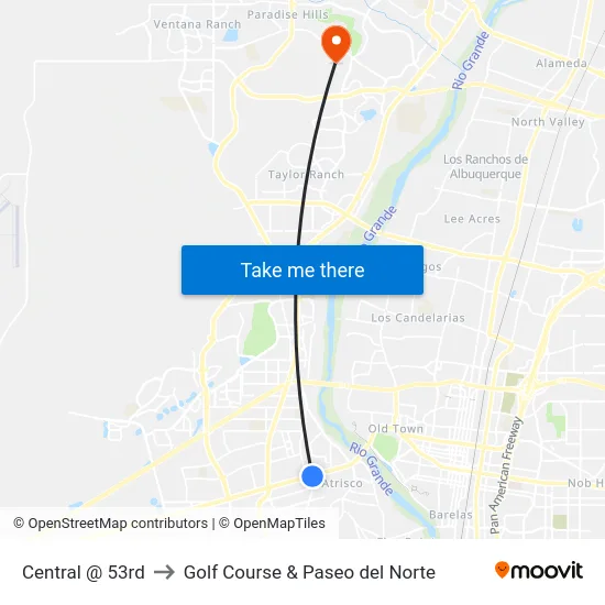 Central @ 53rd to Golf Course & Paseo del Norte map