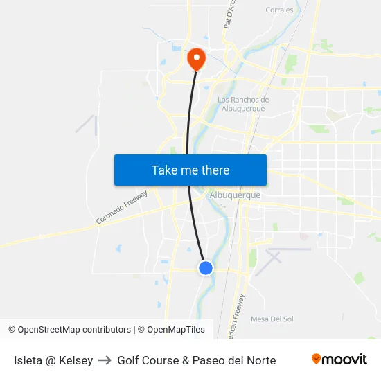 Isleta @ Kelsey to Golf Course & Paseo del Norte map
