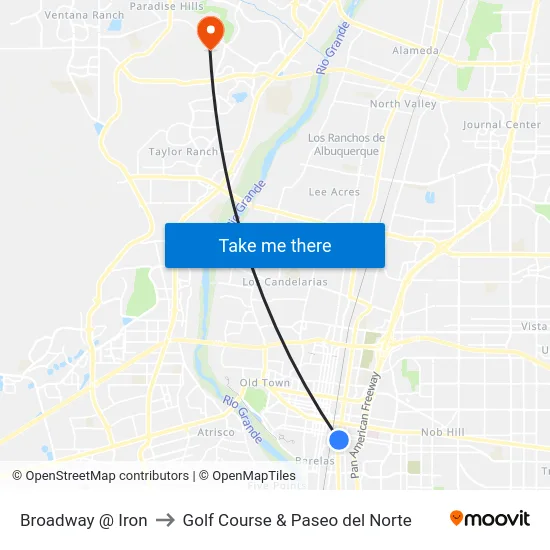 Broadway @ Iron to Golf Course & Paseo del Norte map