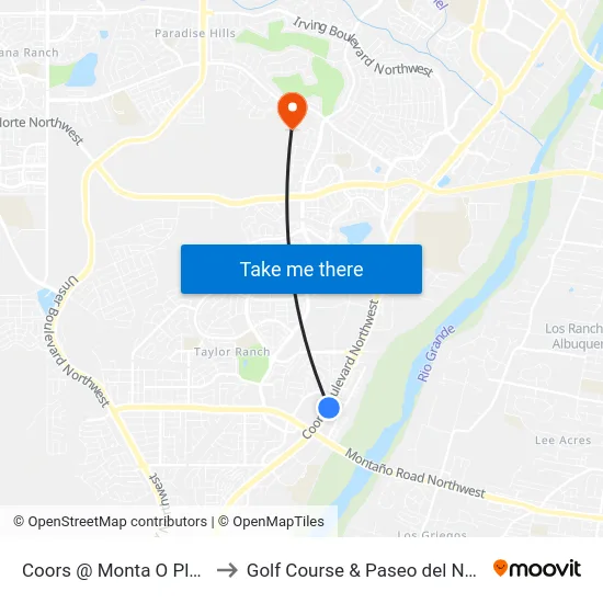 Coors @ Monta O Plaza to Golf Course & Paseo del Norte map
