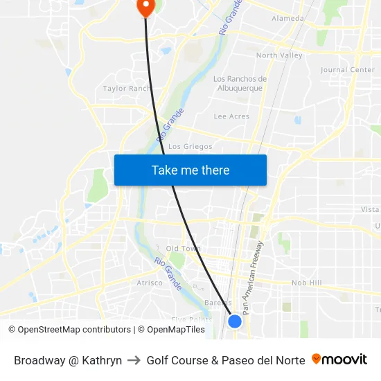 Broadway @ Kathryn to Golf Course & Paseo del Norte map