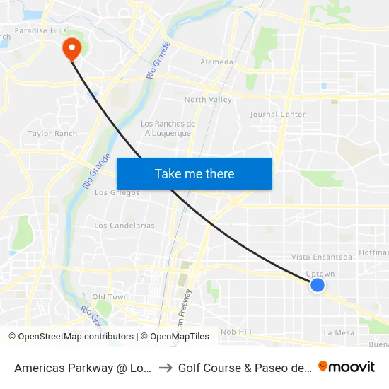 Americas Parkway @ Louisiana to Golf Course & Paseo del Norte map