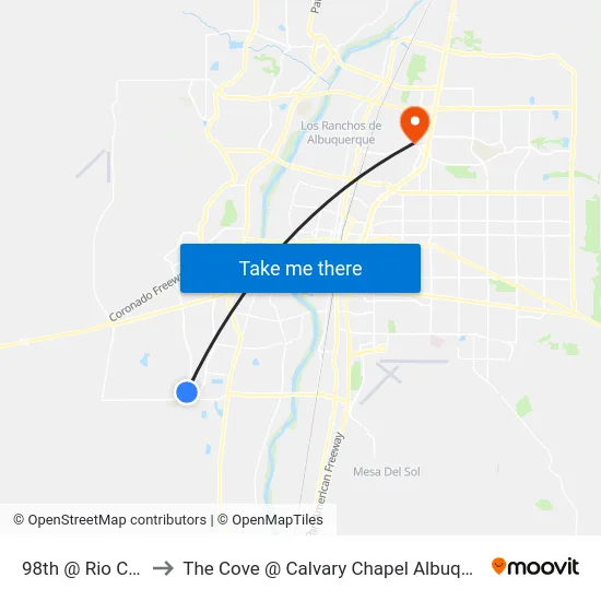 98th @ Rio Clara to The Cove @ Calvary Chapel Albuquerque map