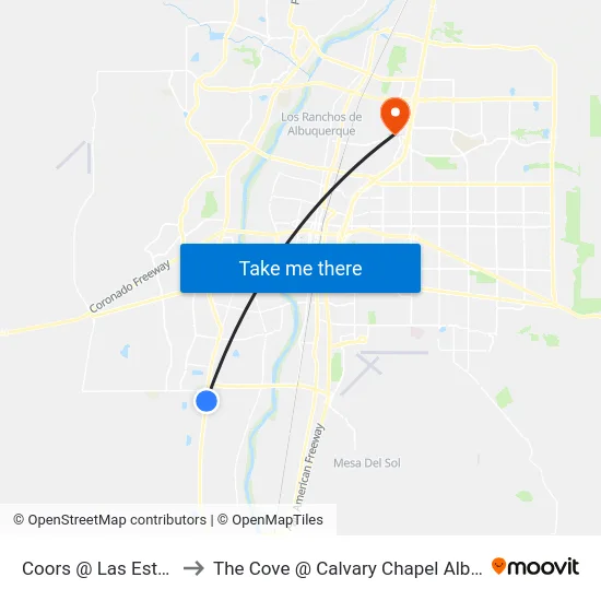 Coors @ Las Estancias to The Cove @ Calvary Chapel Albuquerque map