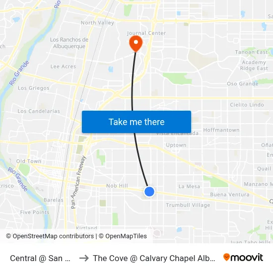 Central @ San Mateo to The Cove @ Calvary Chapel Albuquerque map