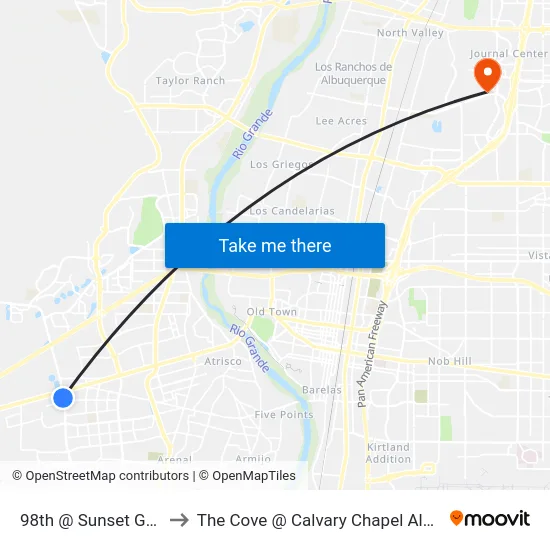 98th @ Sunset Gardens to The Cove @ Calvary Chapel Albuquerque map