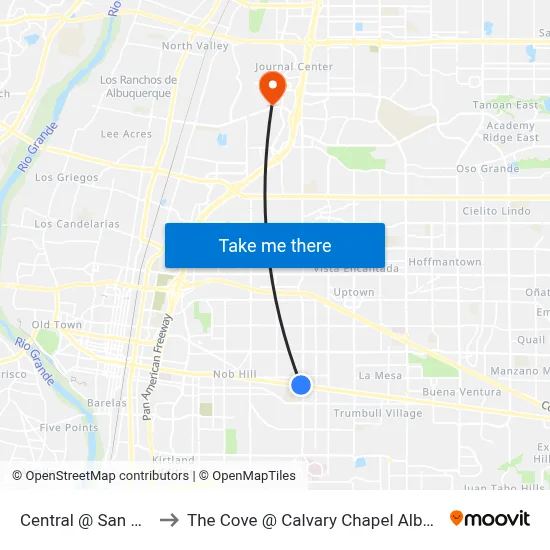 Central @ San Mateo to The Cove @ Calvary Chapel Albuquerque map