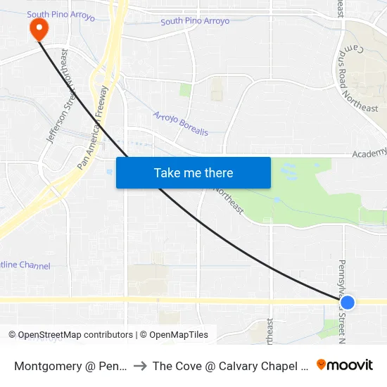Montgomery @ Pennsylvania to The Cove @ Calvary Chapel Albuquerque map