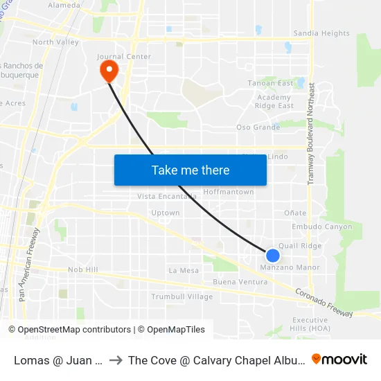 Lomas @ Juan Tabo to The Cove @ Calvary Chapel Albuquerque map