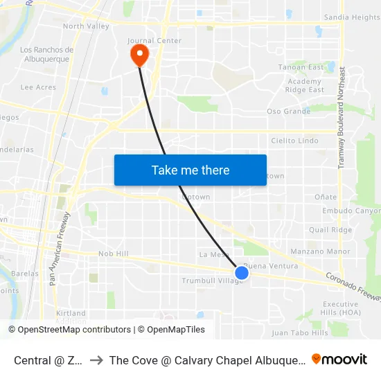 Central @ Zuni to The Cove @ Calvary Chapel Albuquerque map
