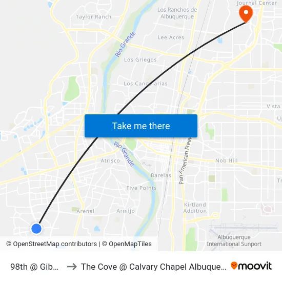 98th @ Gibson to The Cove @ Calvary Chapel Albuquerque map