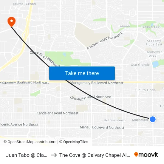 Juan Tabo @ Claremont to The Cove @ Calvary Chapel Albuquerque map