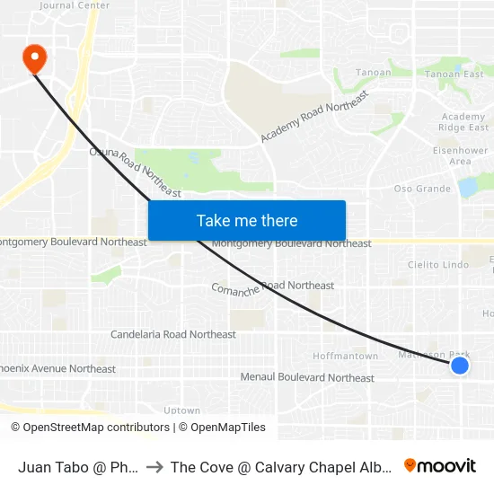 Juan Tabo @ Phoenix to The Cove @ Calvary Chapel Albuquerque map