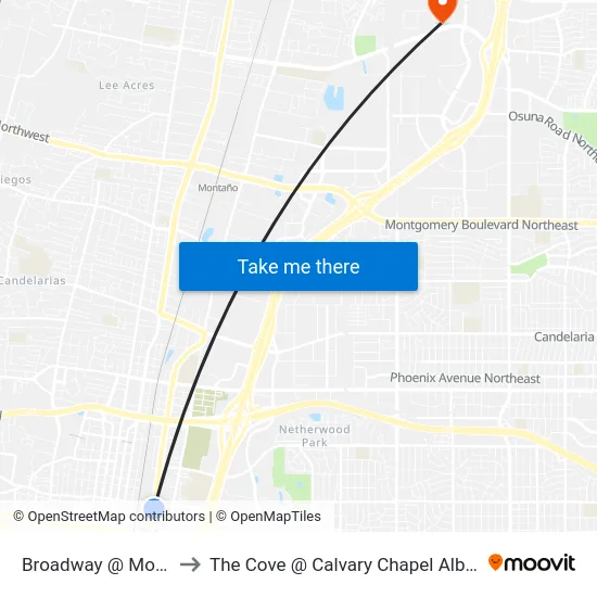 Broadway @ Mountain to The Cove @ Calvary Chapel Albuquerque map